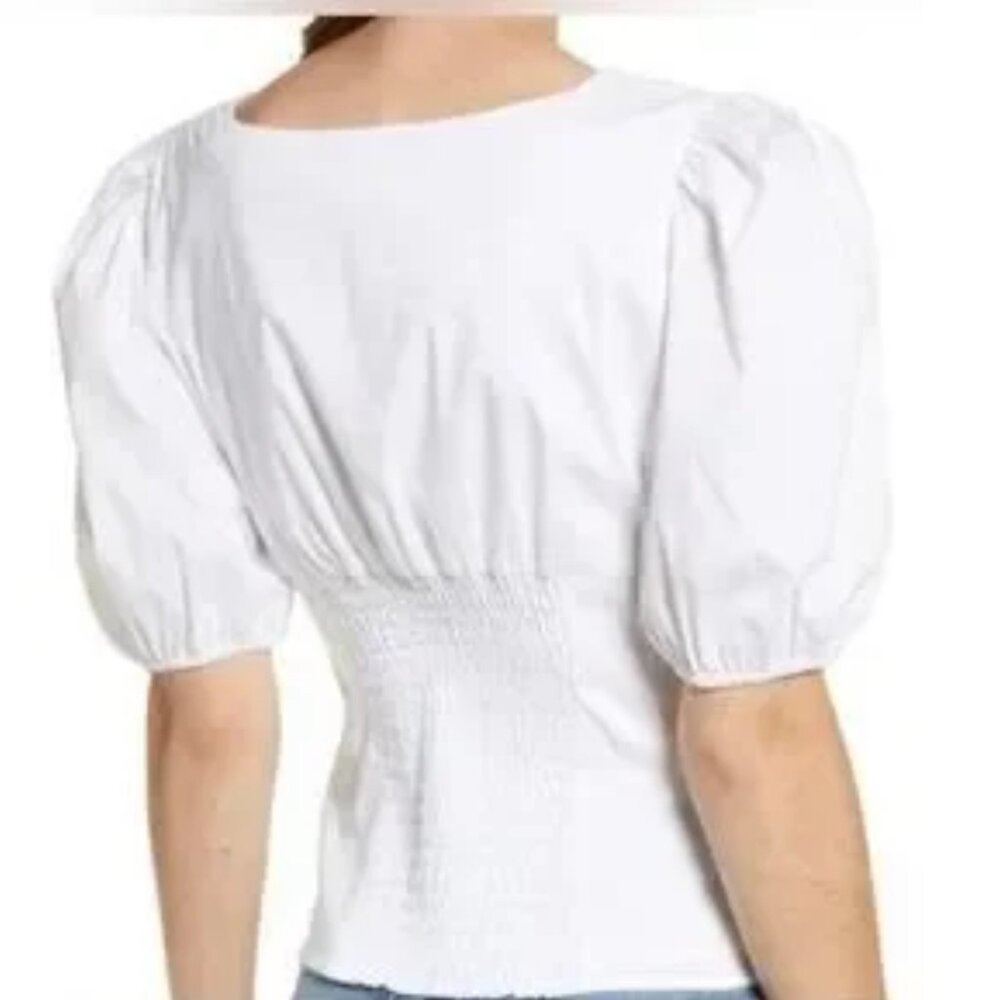 Rachel Parcell Puff Sleeve Smocked White Blouse XS | Feminine Minimalist - Picture 2 of 7